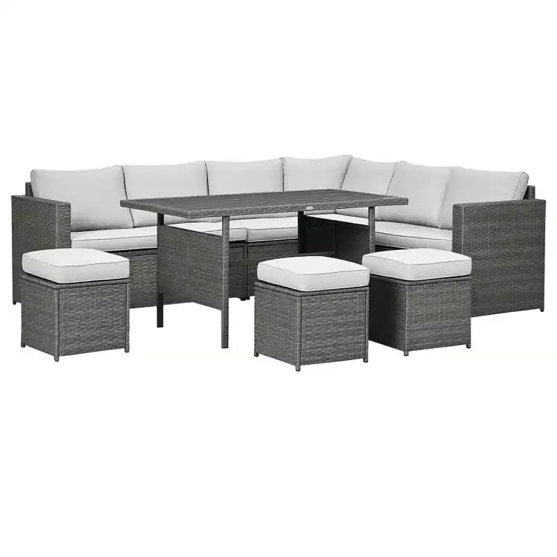 Outsunny 7-teiliges Terrassenmöbel-Set, L-förmiges Outdoor-Ecksofa mit 3 Zweisitzern, 3 Ottomanen, Esstisch, Kissen, Stauraum