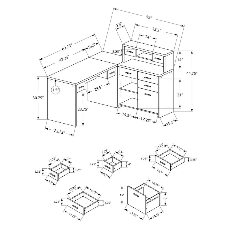 Grey L-Shape Computer Desk with 8 Drawers for 1 Person