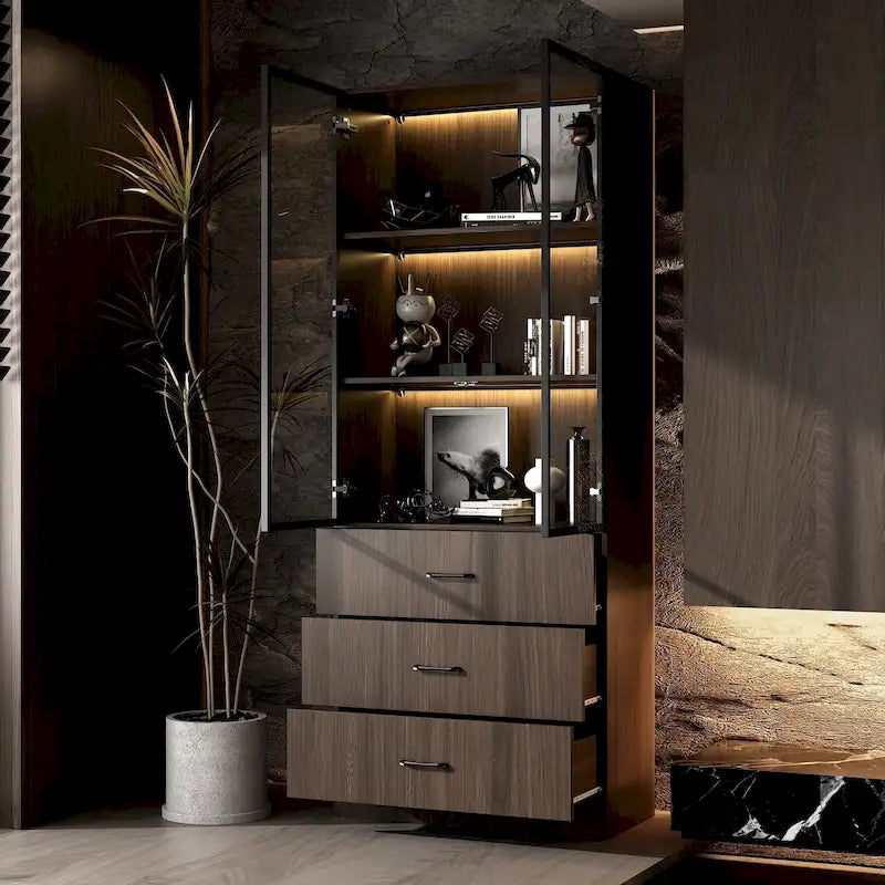Beleuchteter Aluminium-Glas-Schrank, anpassbar als Buffet/Bücherregal