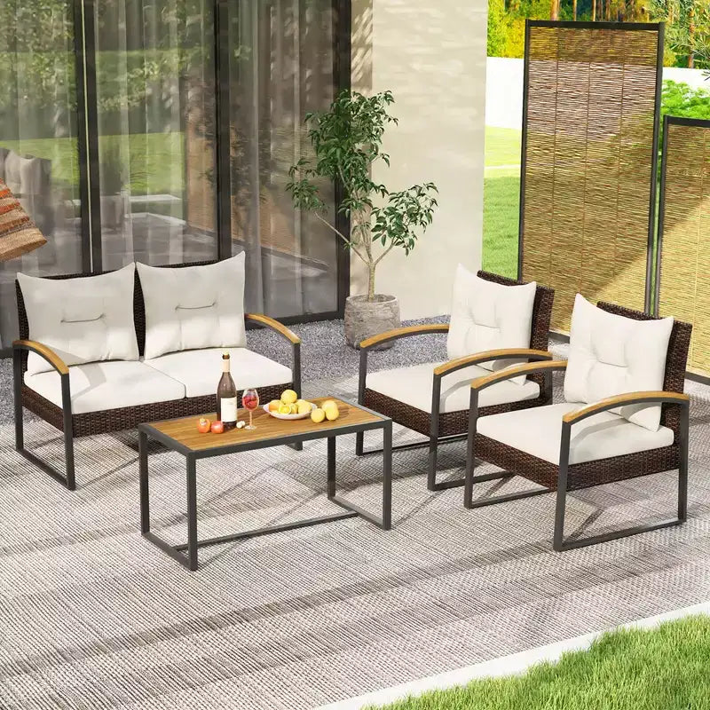 Costway 4-teiliges Terrassen-Gesprächsset mit Couchtisch und Armlehnen aus massivem Akazienholz