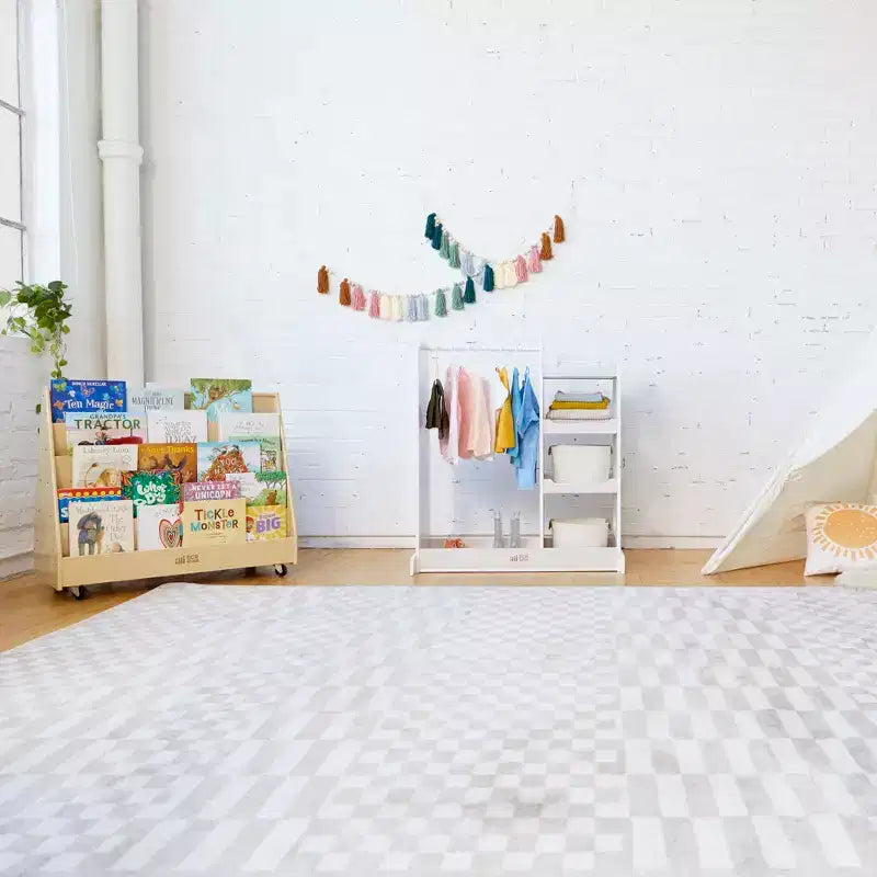 ECR4Kids Doppelseitiges Bücherregal aus Holz mit Rollen und Aufbewahrung, Montessori-Möbel