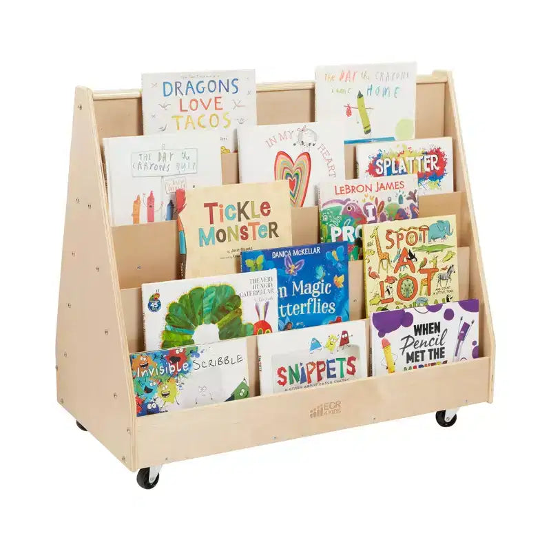 ECR4Kids Doppelseitiges Bücherregal aus Holz mit Rollen und Aufbewahrung, Montessori-Möbel