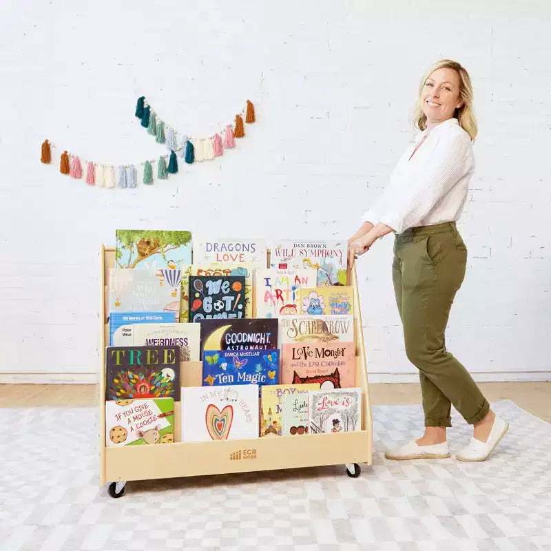 ECR4Kids Doppelseitiges Bücherregal aus Holz mit Rollen und Aufbewahrung, Montessori-Möbel