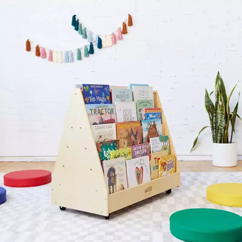 ECR4Kids Doppelseitiges Bücherregal aus Holz mit Rollen und Aufbewahrung, Montessori-Möbel