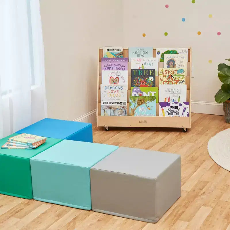ECR4Kids Doppelseitiges Bücherregal aus Holz mit Rollen und Aufbewahrung, Montessori-Möbel