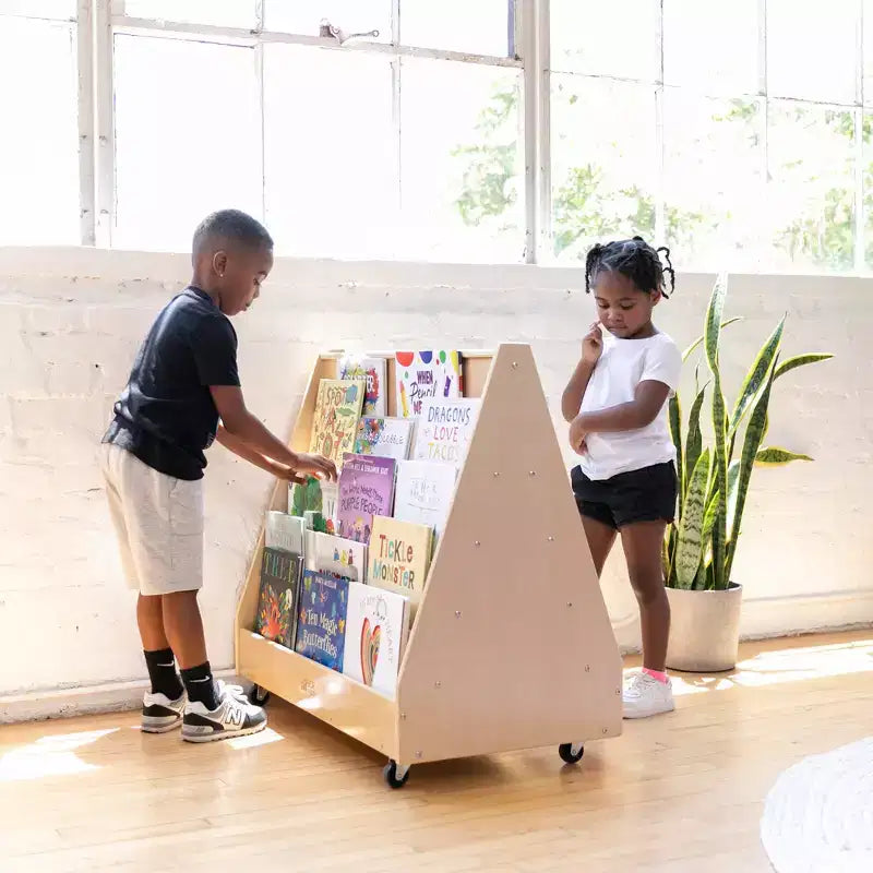ECR4Kids Doppelseitiges Bücherregal aus Holz mit Rollen und Aufbewahrung, Montessori-Möbel