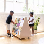 ECR4Kids Doppelseitiges Bücherregal aus Holz mit Rollen und Aufbewahrung, Montessori-Möbel