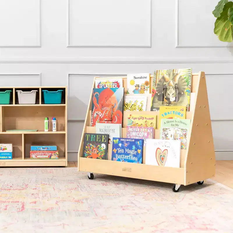 ECR4Kids Doppelseitiges Bücherregal aus Holz mit Rollen und Aufbewahrung, Montessori-Möbel