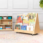 ECR4Kids Doppelseitiges Bücherregal aus Holz mit Rollen und Aufbewahrung, Montessori-Möbel