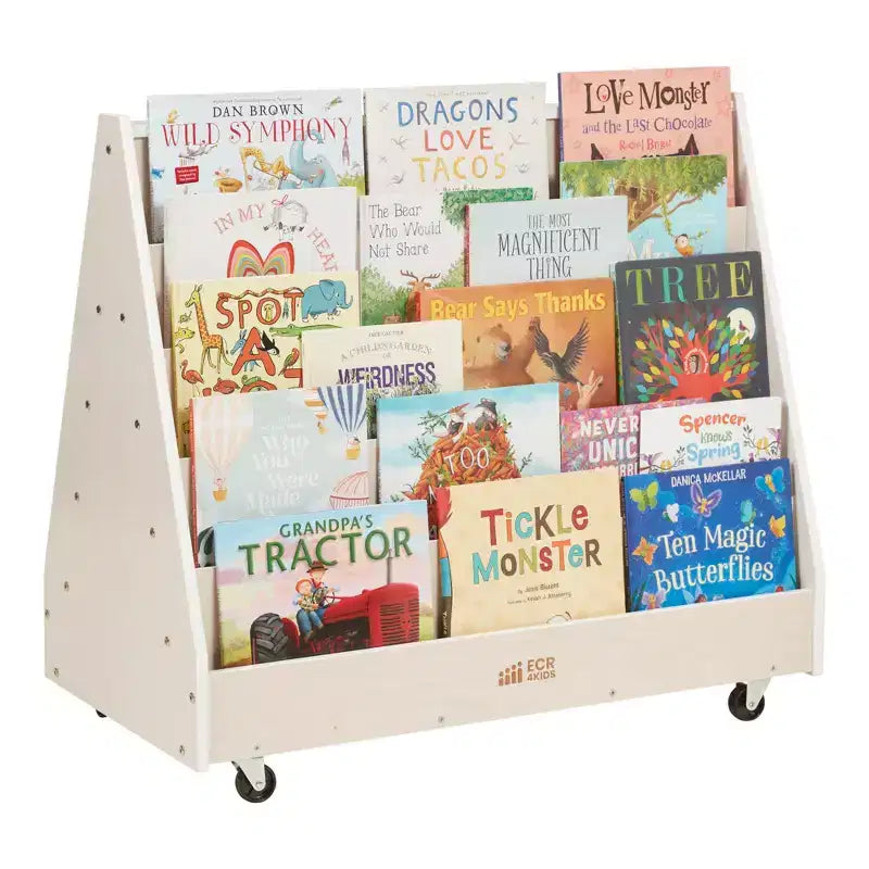 ECR4Kids Doppelseitiges Bücherregal aus Holz mit Rollen und Aufbewahrung, Montessori-Möbel