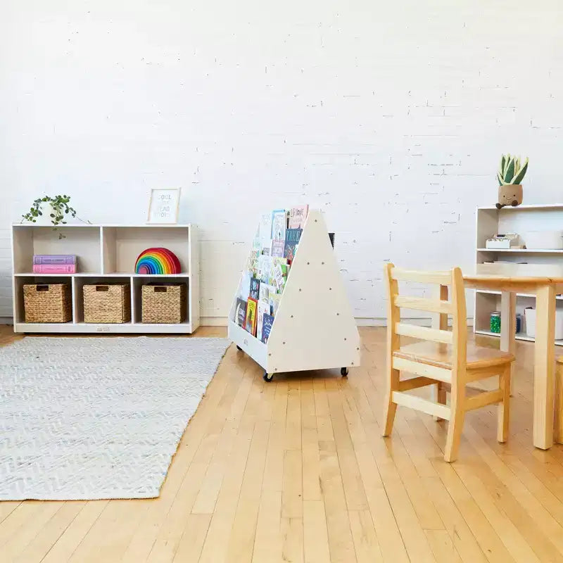 ECR4Kids Doppelseitiges Bücherregal aus Holz mit Rollen und Aufbewahrung, Montessori-Möbel