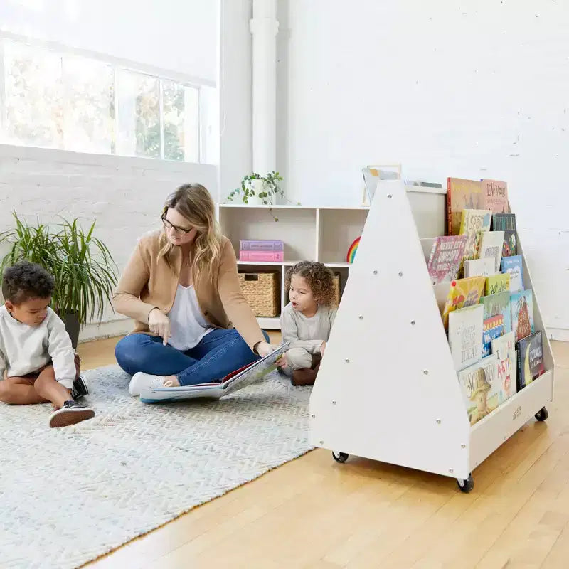 ECR4Kids Doppelseitiges Bücherregal aus Holz mit Rollen und Aufbewahrung, Montessori-Möbel