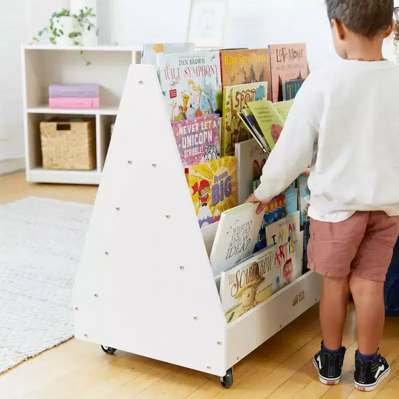 ECR4Kids Doppelseitiges Bücherregal aus Holz mit Rollen und Aufbewahrung, Montessori-Möbel