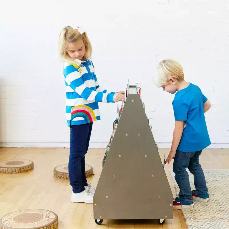 ECR4Kids Doppelseitiges Bücherregal aus Holz mit Rollen und Aufbewahrung, Montessori-Möbel