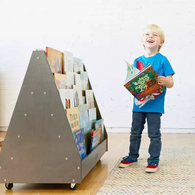 ECR4Kids Doppelseitiges Bücherregal aus Holz mit Rollen und Aufbewahrung, Montessori-Möbel