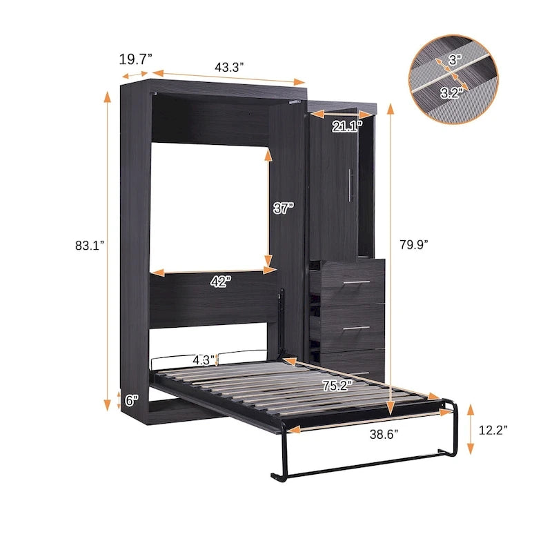 Gray Twin Size Foldable Murphy Bed Cabinet with 1 Wardrobe and 3 Drawers for 1 Person