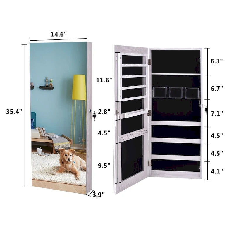 White Wall-Mounted Jewelry Cabinet with Full Mirror, Lock and Velvet Interior for 1 Person