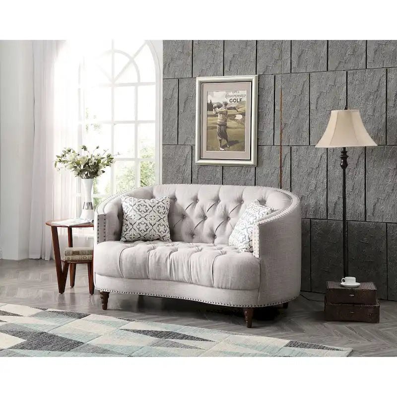 Light Grey Deep Tufted Fabric Loveseat with Nailhead Trim for 2 Person