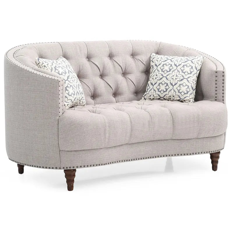 Light Grey Deep Tufted Fabric Loveseat with Nailhead Trim for 2 Person