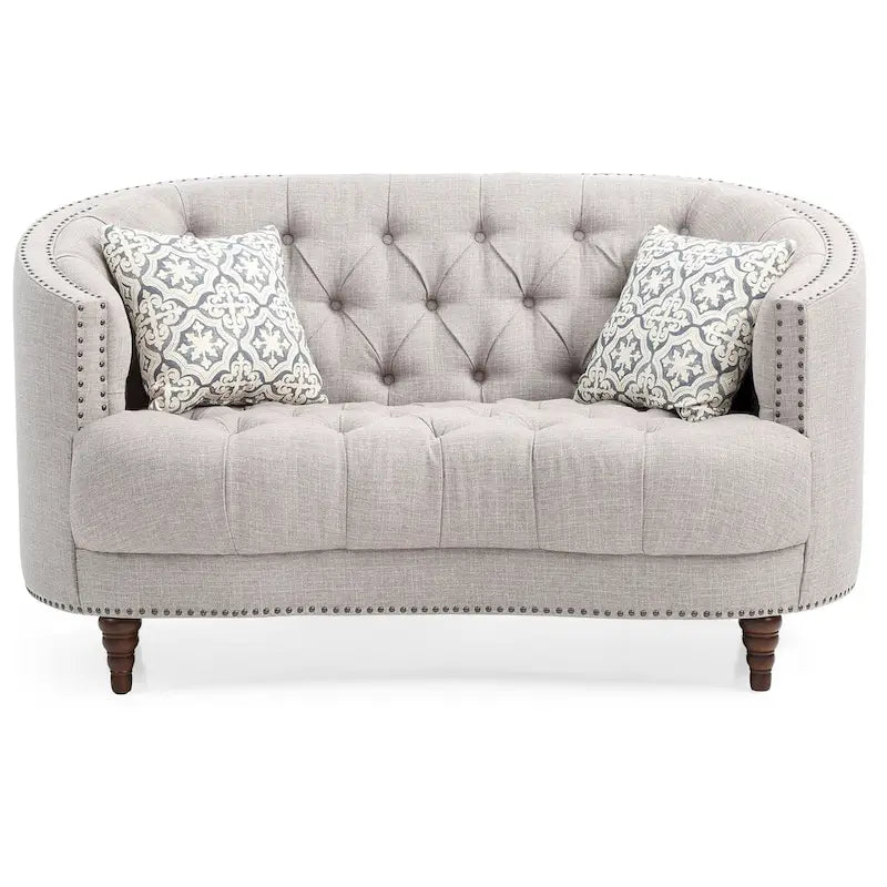 Light Grey Deep Tufted Fabric Loveseat with Nailhead Trim for 2 Person