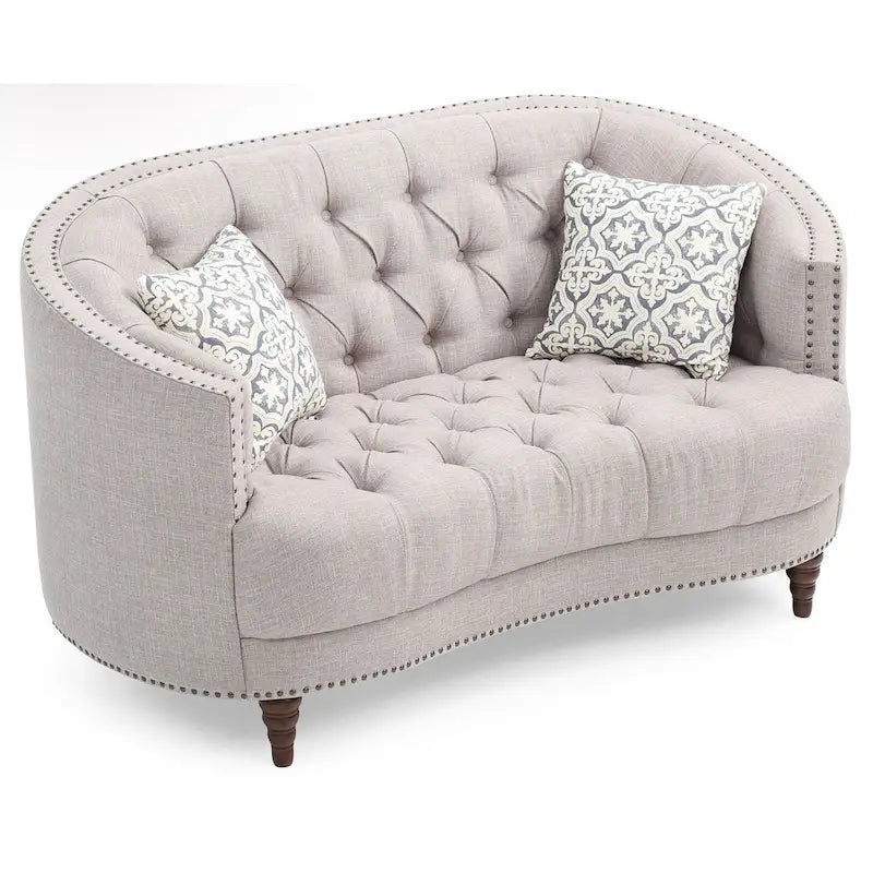 Light Grey Deep Tufted Fabric Loveseat with Nailhead Trim for 2 Person