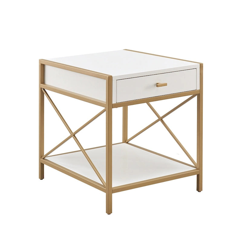 White Wood and Gold Metal X-Frame 1-Drawer End Table with Open Shelf for 1 Person