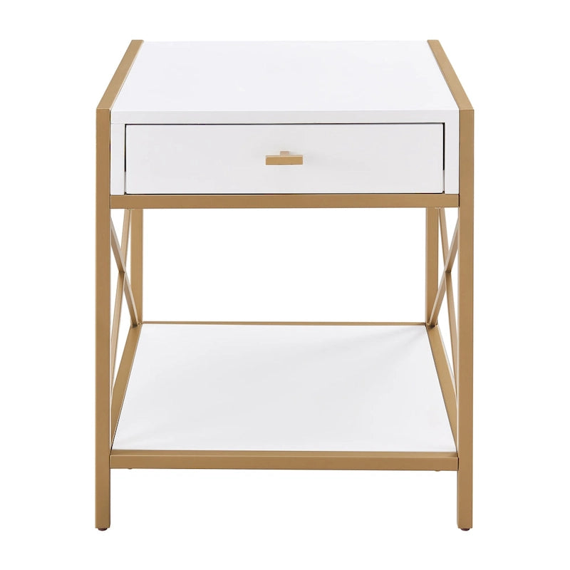 White Wood and Gold Metal X-Frame 1-Drawer End Table with Open Shelf for 1 Person