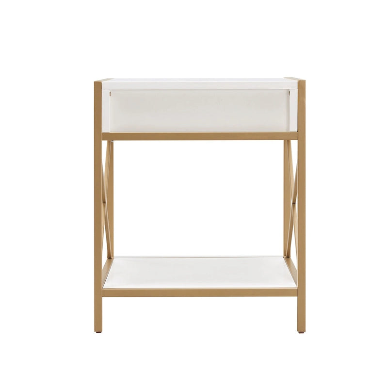 White Wood and Gold Metal X-Frame 1-Drawer End Table with Open Shelf for 1 Person