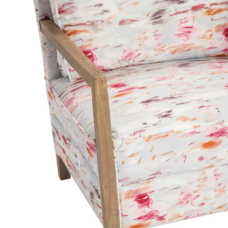 Soft Pink Multi-Color Floral Patterned Accent Chair with Wood Frame for 1 Person