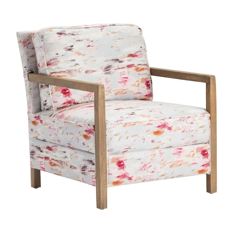 Soft Pink Multi-Color Floral Patterned Accent Chair with Wood Frame for 1 Person