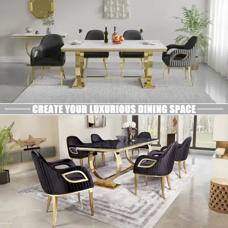 Black Velvet Channel Tufted Armchair Dining Chair with Gold Legs for 1 Person