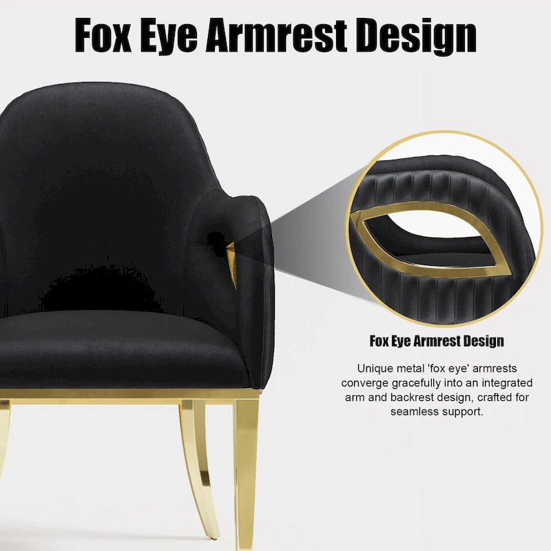 Black Velvet Channel Tufted Armchair Dining Chair with Gold Legs for 1 Person