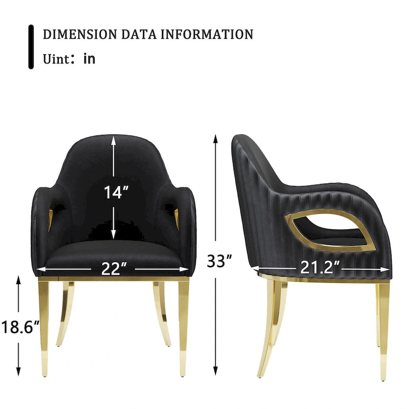 Black Velvet Channel Tufted Armchair Dining Chair with Gold Legs for 1 Person