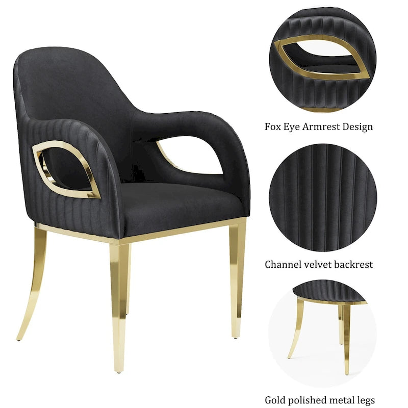 Black Velvet Channel Tufted Armchair Dining Chair with Gold Legs for 1 Person