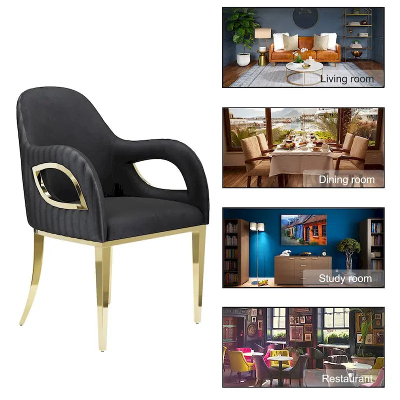 Black Velvet Channel Tufted Armchair Dining Chair with Gold Legs for 1 Person