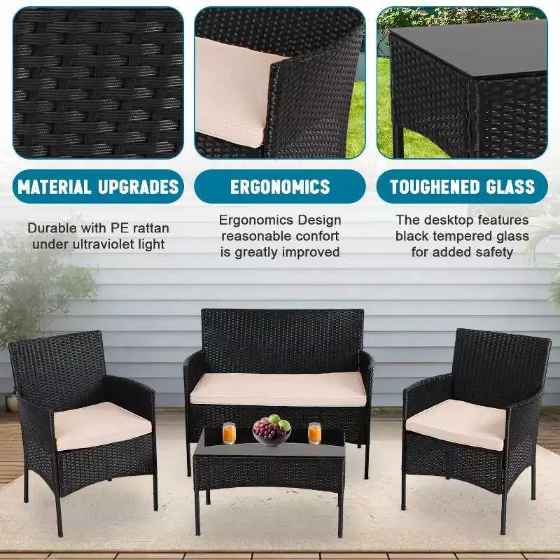 FDW 4-teiliges Loungeset, wasserdichtes Rattan-Terrassenmöbelset für Terrasse und Pool