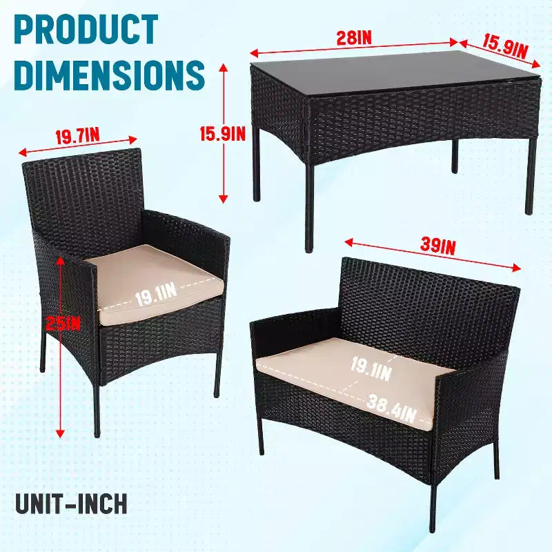 FDW 4-teiliges Loungeset, wasserdichtes Rattan-Terrassenmöbelset für Terrasse und Pool