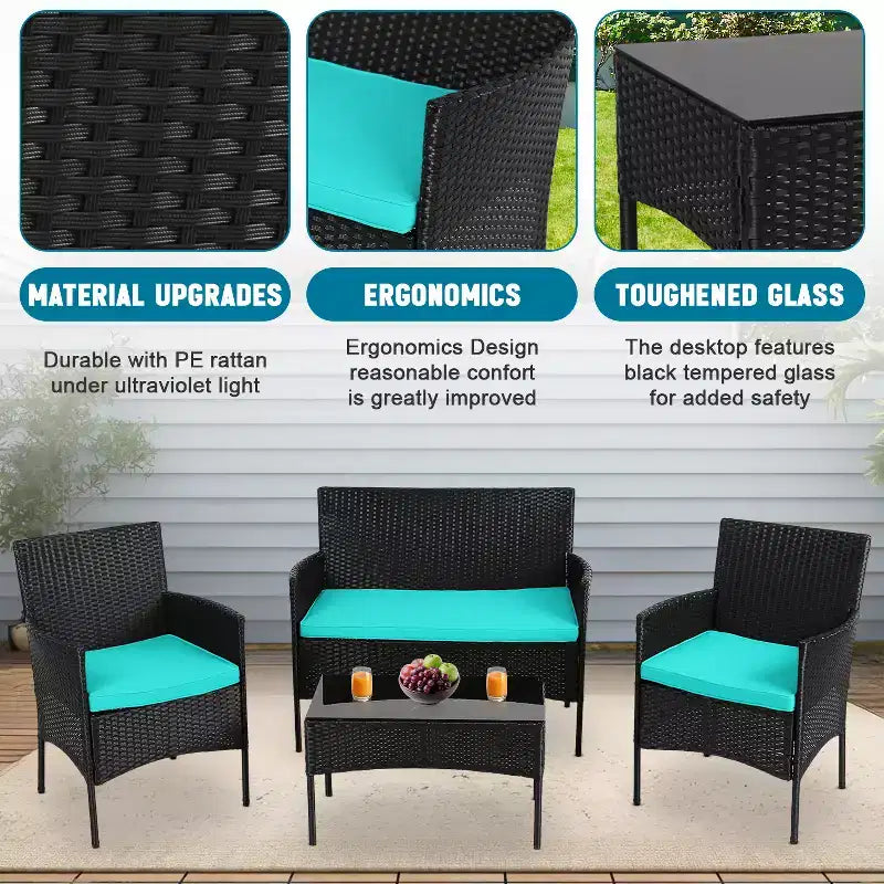 FDW 4-teiliges Loungeset, wasserdichtes Rattan-Terrassenmöbelset für Terrasse und Pool