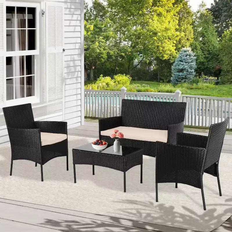 FDW 4-teiliges Loungeset, wasserdichtes Rattan-Terrassenmöbelset für Terrasse und Pool