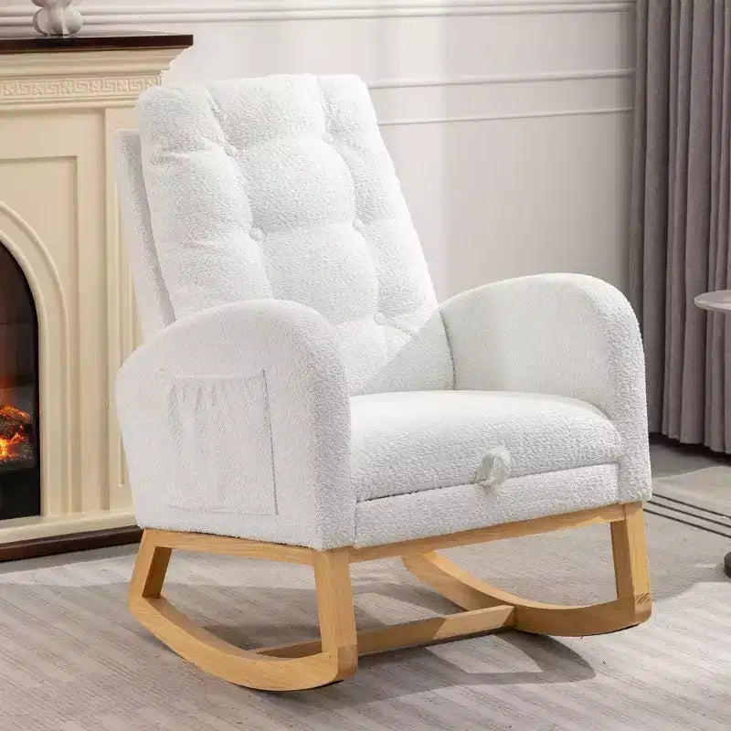 Akzentschaukelstuhl mit Fußstütze, moderner Hochlehner-Loungesessel mit Schaukelbeinen aus Holz, Freizeit-Schaukelsessel für Zuhause, Wohnzimmer, Schlafzimmer, Büro