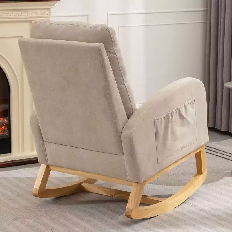 Akzentschaukelstuhl mit Fußstütze, moderner Hochlehner-Loungesessel mit Schaukelbeinen aus Holz, Freizeit-Schaukelsessel für Zuhause, Wohnzimmer, Schlafzimmer, Büro