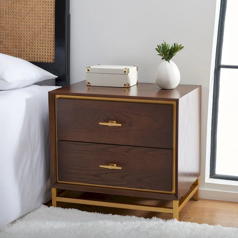 White Washed / Walnut / Teal 2-Drawer Nightstand with Brass Base and Pulls for 1 Person