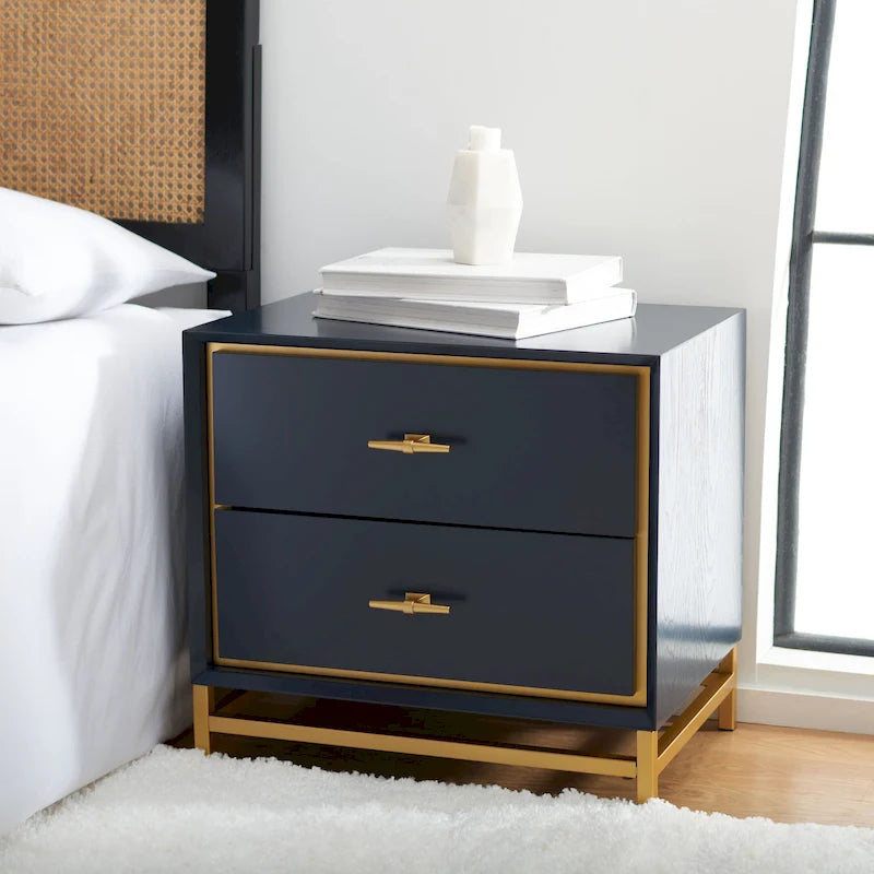 White Washed / Walnut / Teal 2-Drawer Nightstand with Brass Base and Pulls for 1 Person
