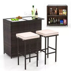 Costway 3-teiliges Terrassenbar-Set mit Tischplatte aus gehärtetem Glas, 2-stufigem Stauraum und abnehmbaren Kissen