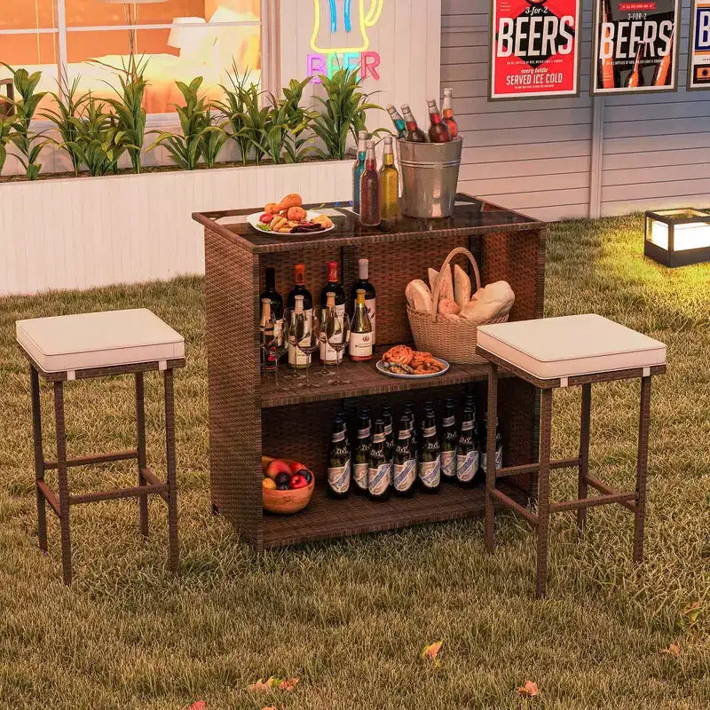 Costway 3-teiliges Terrassenbar-Set mit Tischplatte aus gehärtetem Glas, 2-stufigem Stauraum und abnehmbaren Kissen