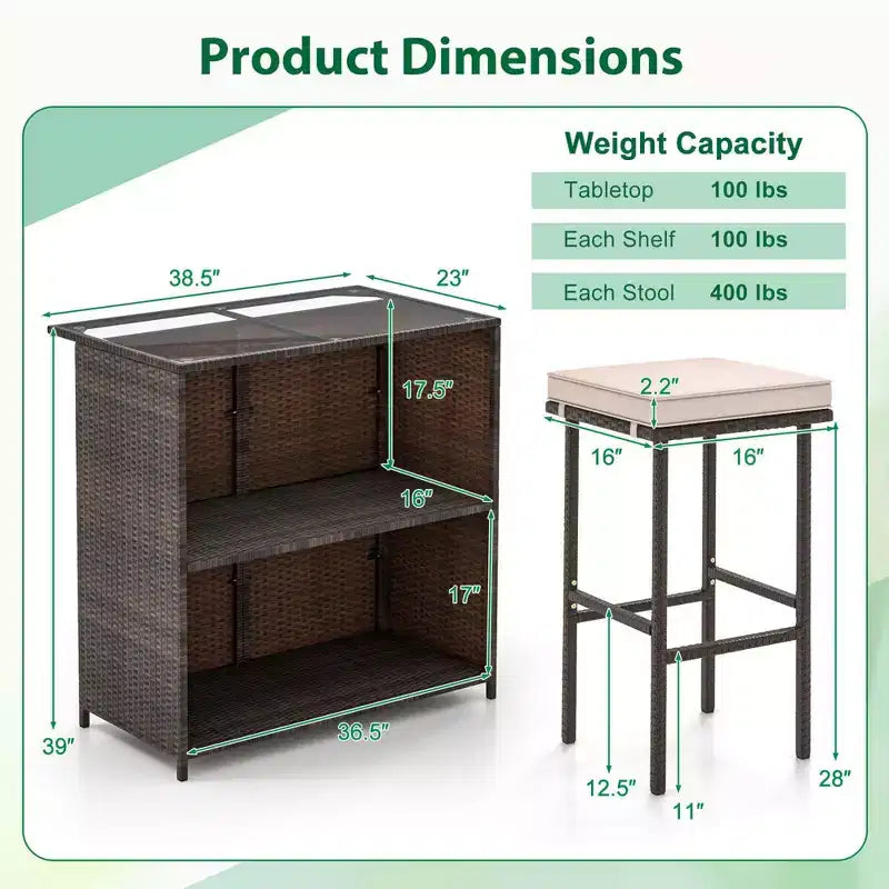Costway 3-teiliges Terrassenbar-Set mit Tischplatte aus gehärtetem Glas, 2-stufigem Stauraum und abnehmbaren Kissen