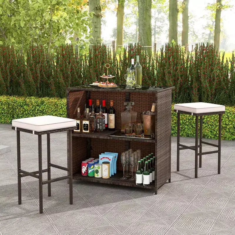 Costway 3-teiliges Terrassenbar-Set mit Tischplatte aus gehärtetem Glas, 2-stufigem Stauraum und abnehmbaren Kissen