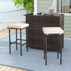 Costway 3-teiliges Terrassenbar-Set mit Tischplatte aus gehärtetem Glas, 2-stufigem Stauraum und abnehmbaren Kissen