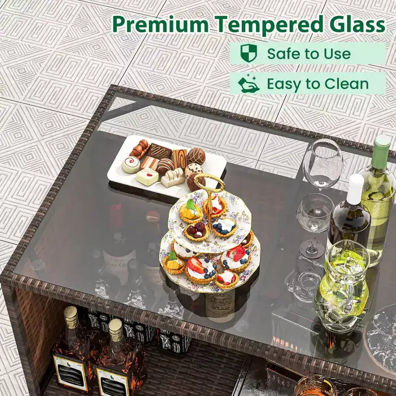 Costway 3-teiliges Terrassenbar-Set mit Tischplatte aus gehärtetem Glas, 2-stufigem Stauraum und abnehmbaren Kissen
