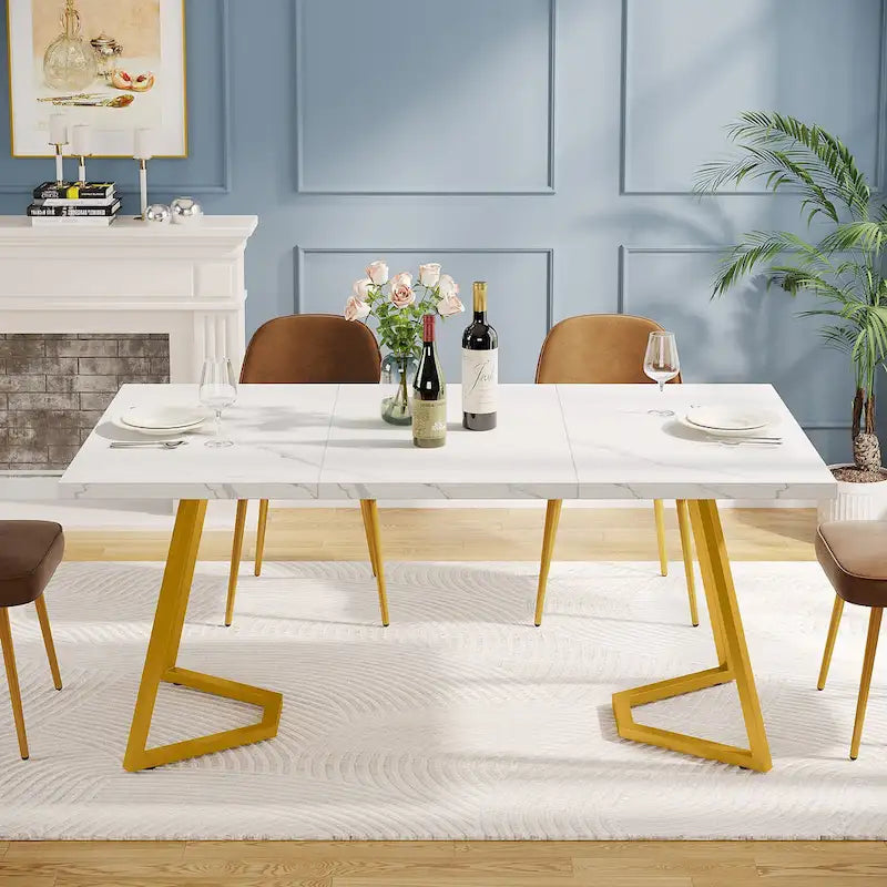 Natural Wood Tone Rectangle Dining Table with Metal Frame for 2–4 Person, 55"